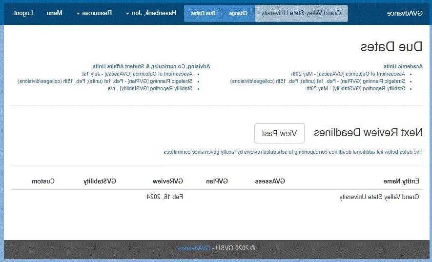 Screen clip of the Due Dates page within the GVAdvance assessment platform